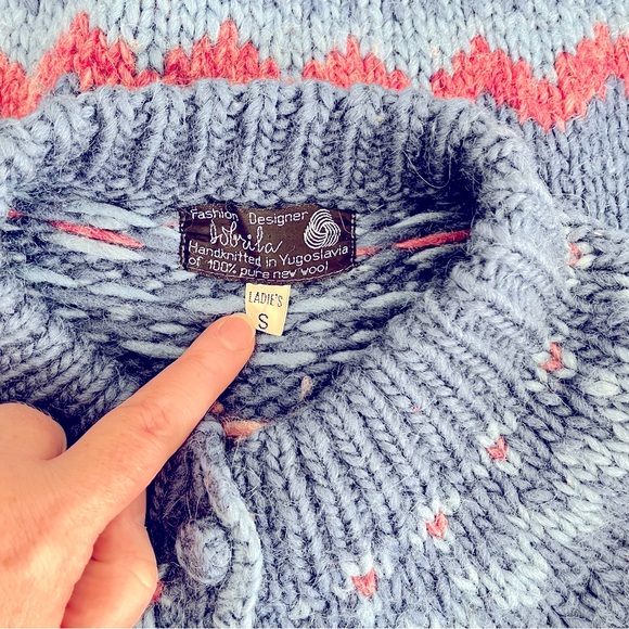 Vintage Dobrila Hand Knit 100% Wool Blue and Pink Fair Isle Cardigan, Size S - Picture 3 of 3